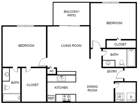 Floor plan for 2 beds, 2 baths, 998 sqft